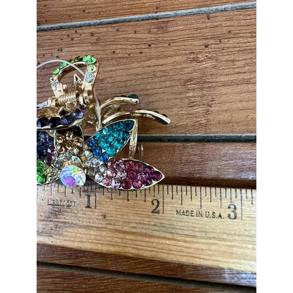 Set of 2 Gold Metal Flower Hair Claw Jaw Clips with Ombré Jewels Rhinestones NOS